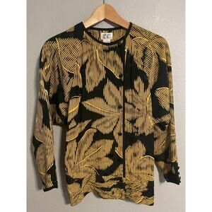 Vintage IBE Top Womens Size 4 Black Yellow Silk Leaf Print Button Up Artsy 90s